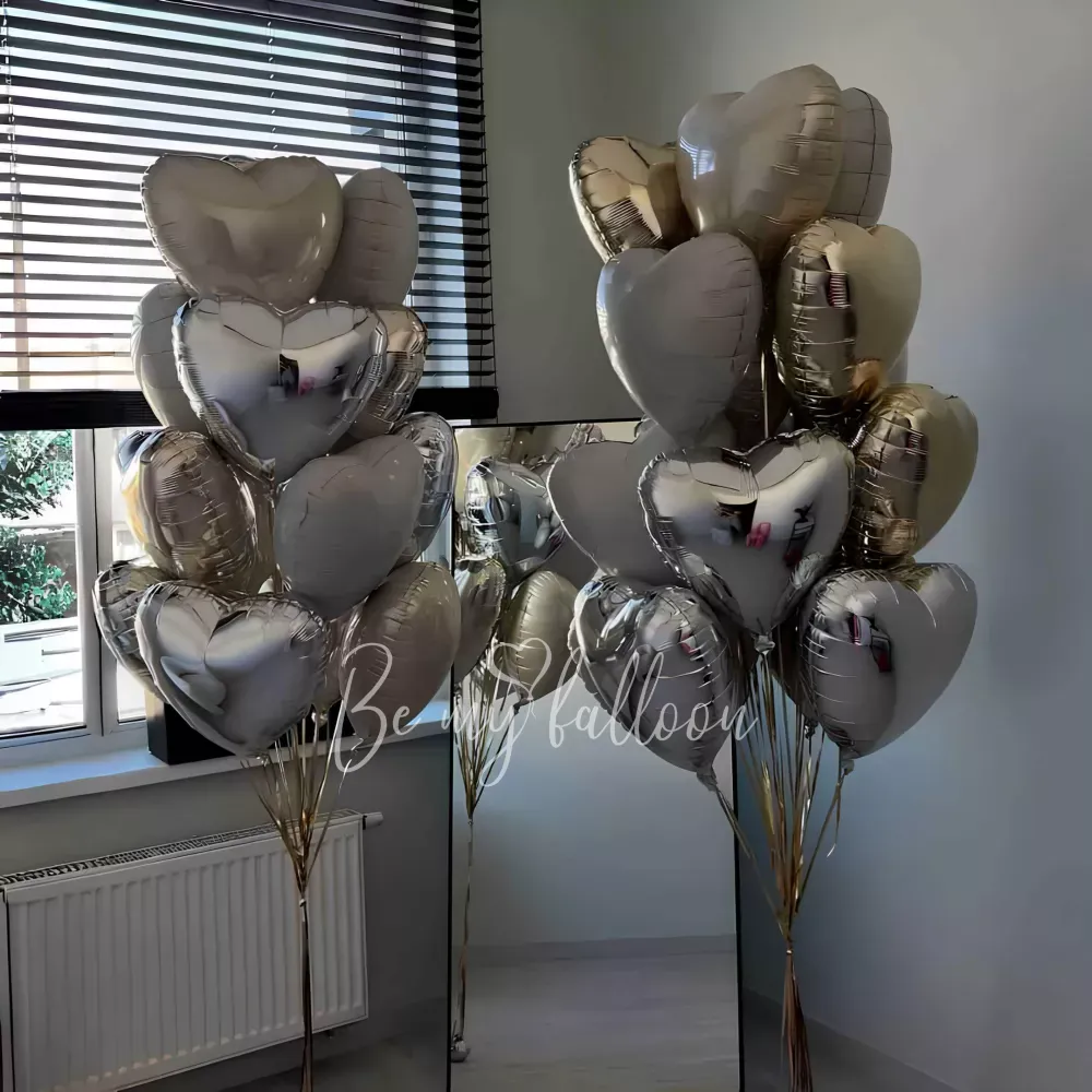 Elegant Silver & Champagne Heart Balloon Bunches with Weights   
