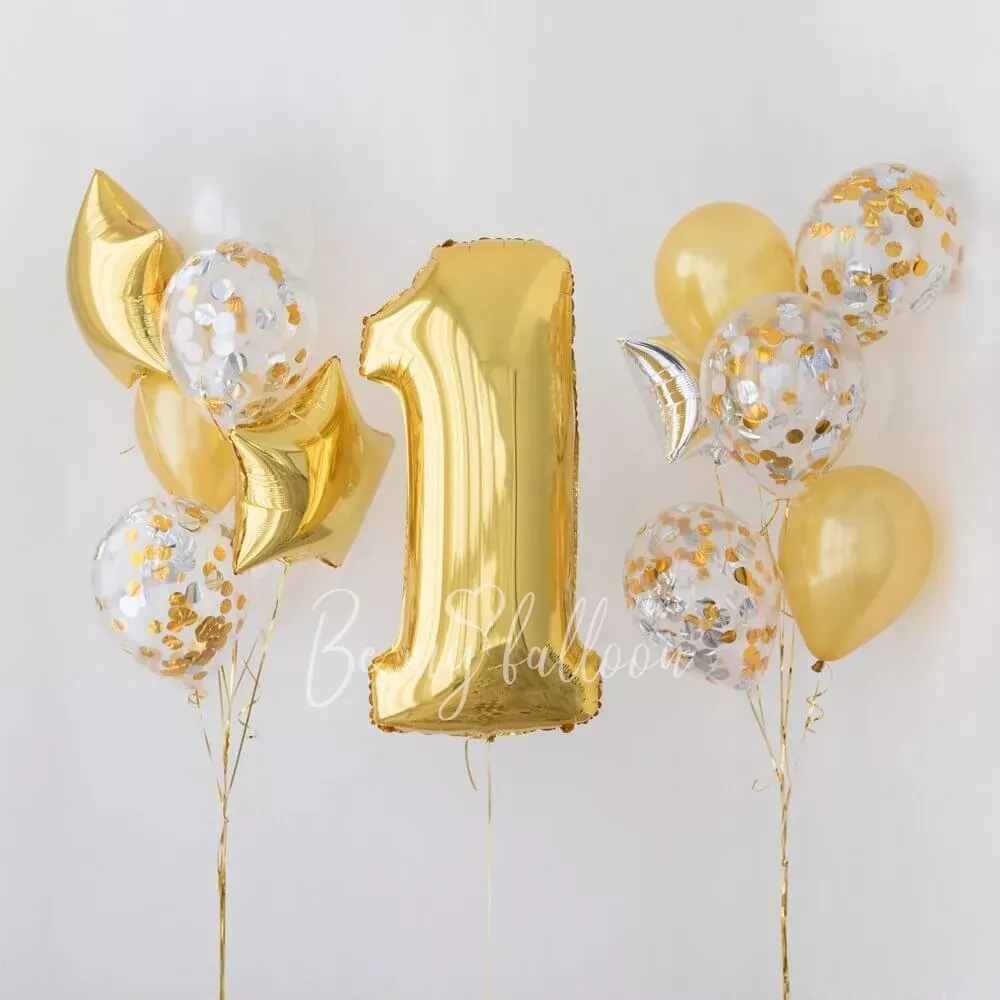 Golden 1st Birthday balloon bouquet