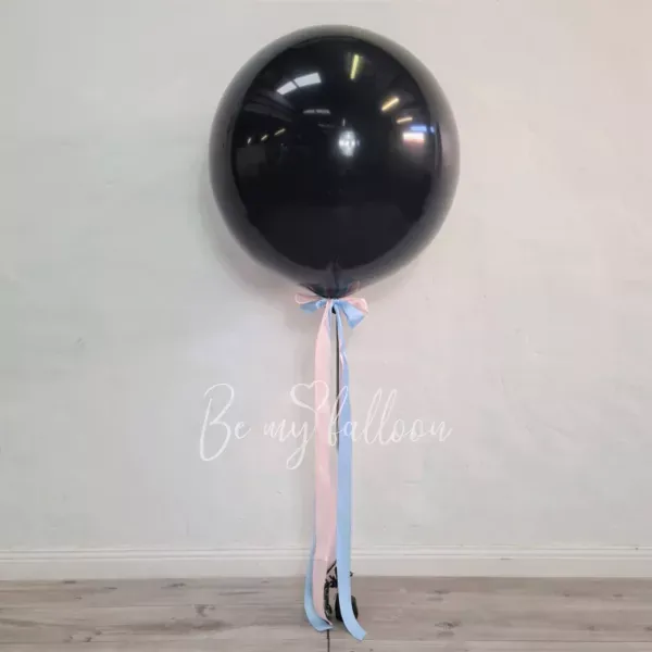 Black plain gender reveal balloon 36" with confetti or feathers and blue/pink tassel